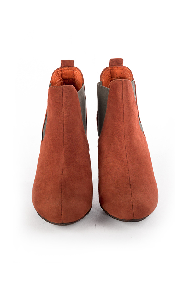Women's terracotta orange and taupe brown elegant Chelsea ankle boots, with side elastics. Round toe. High spool heels - Top view